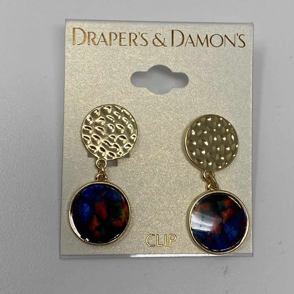 Draper's & Damons Gold Tone CLIP Earrings Double Circles Multi Color Enamel